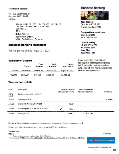 Download Canada BMO Bank of Montreal bank statement excel Photoshop template